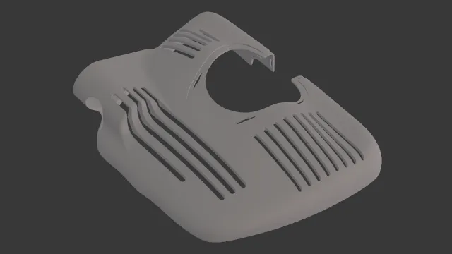 Rendered 3D model of the Volvo dashcam cover, with vent slots and a round lens opening