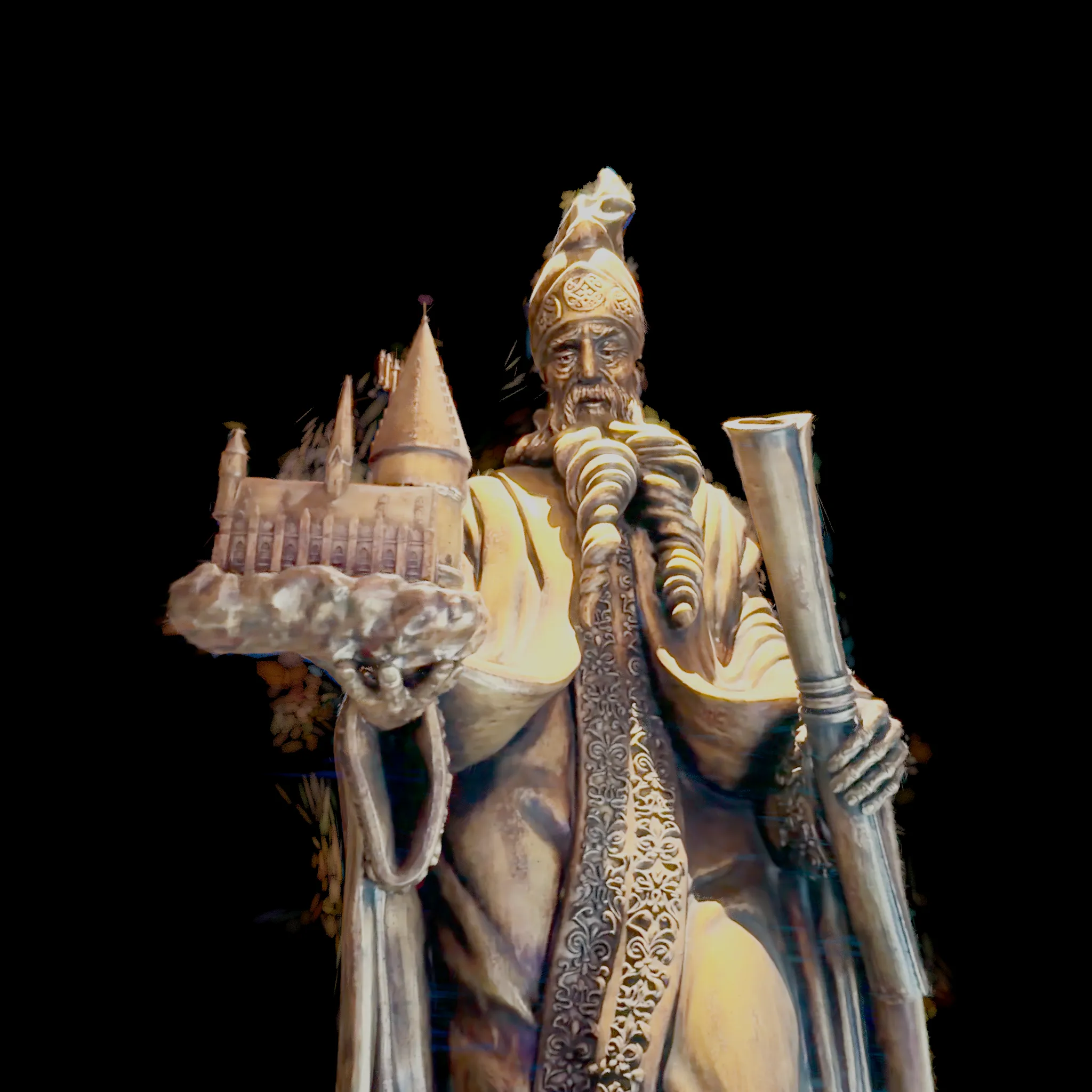 Gaussian splat of a bronze statue of a bearded wizard holding a model of a castle